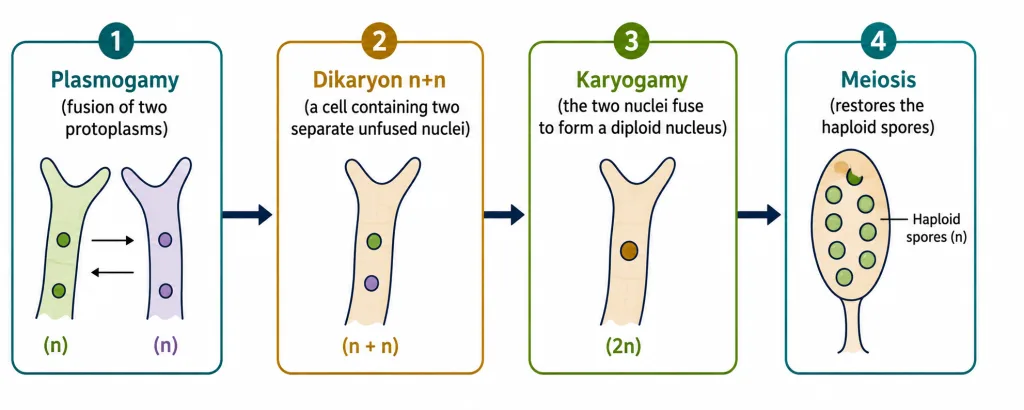 Sexual cycle in fungi: plasmogamy, dikaryon, karyogamy and meiosis