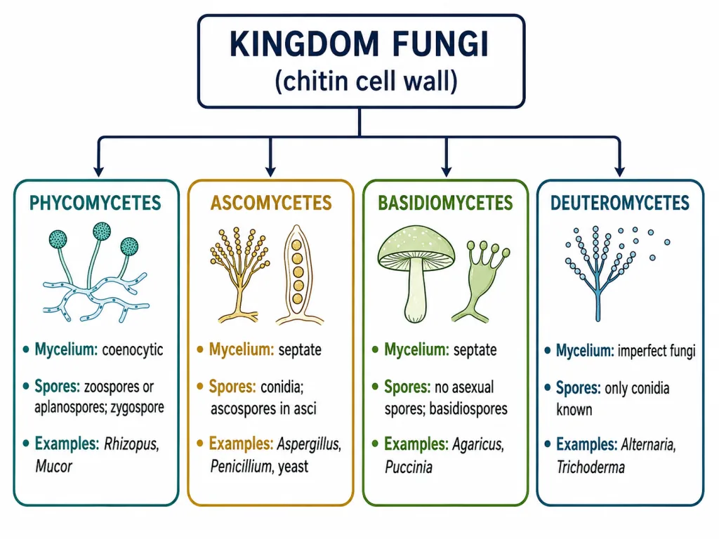 The four classes of fungi with their spore types and examples