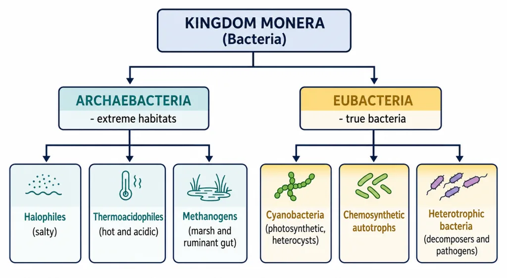 Kingdom Monera divided into archaebacteria and eubacteria with their groups