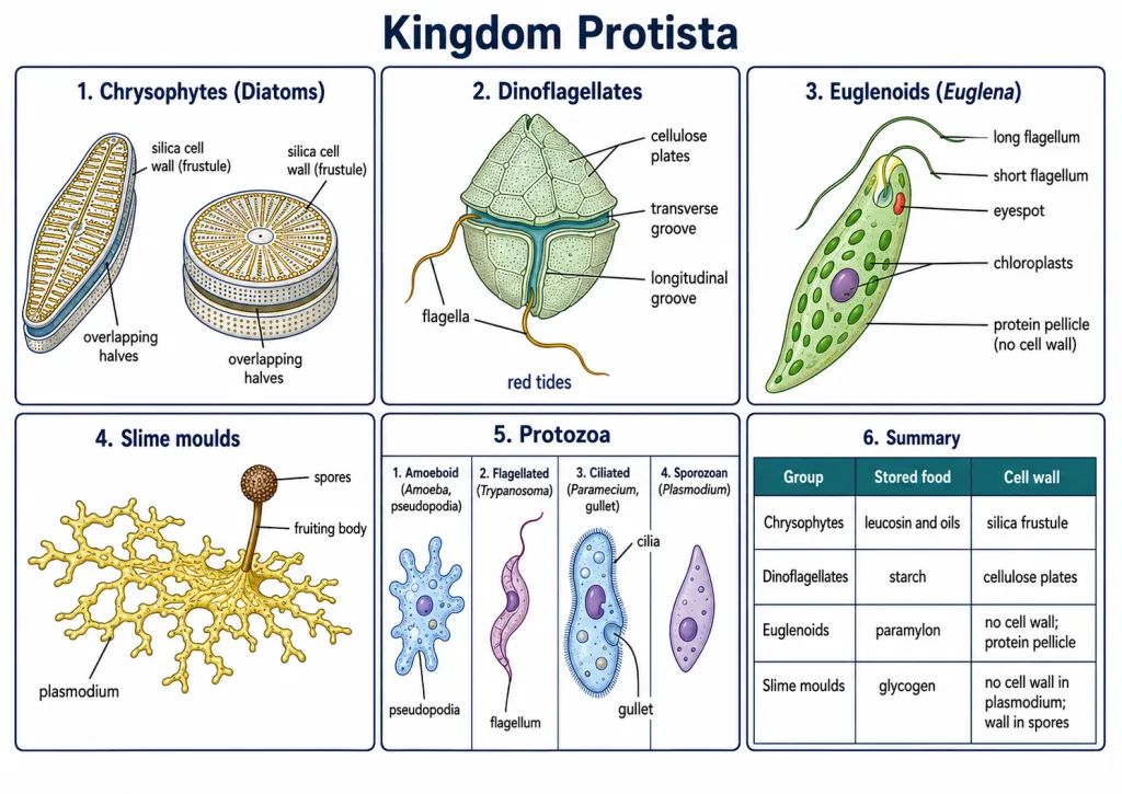 Major protist groups - diatom, dinoflagellate, Euglena and protozoa