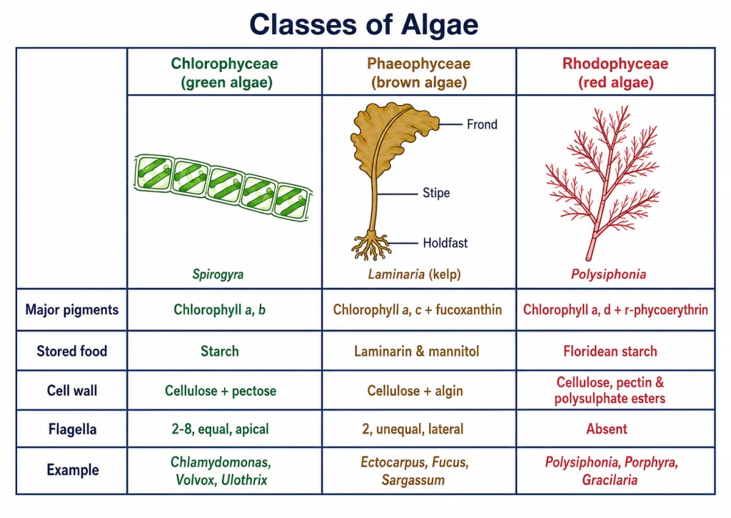 Chlorophyceae, Phaeophyceae and Rhodophyceae compared on pigments, food, wall and flagella