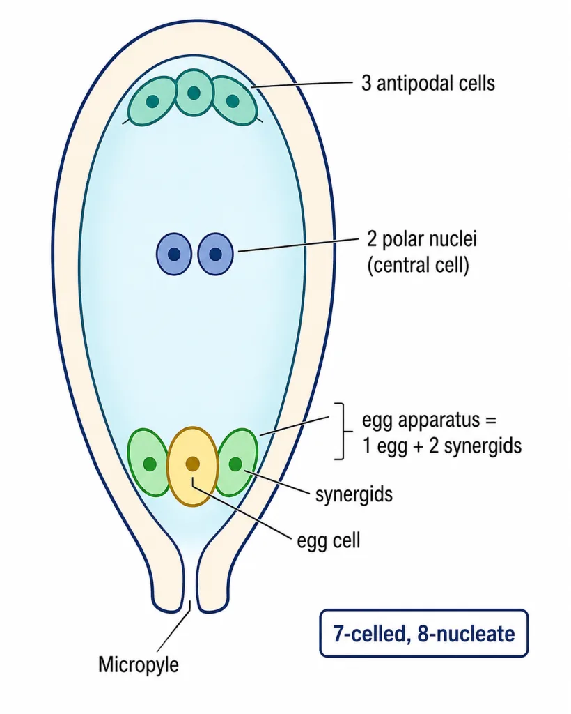 7-celled 8-nucleate angiosperm embryo sac with egg apparatus, polar nuclei and antipodals