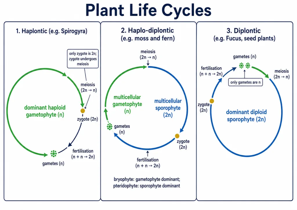 Comparison of haplontic, haplo-diplontic and diplontic plant life cycles