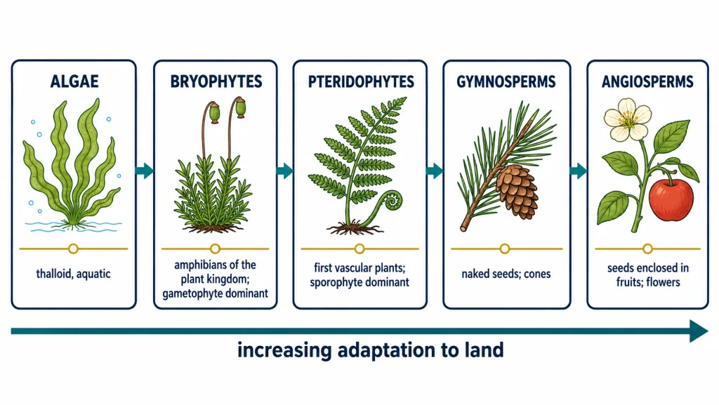 Five plant groups: algae, bryophytes, pteridophytes, gymnosperms, angiosperms