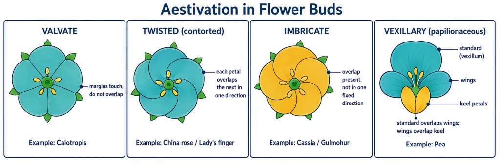 Four aestivation types: valvate, twisted, imbricate and vexillary