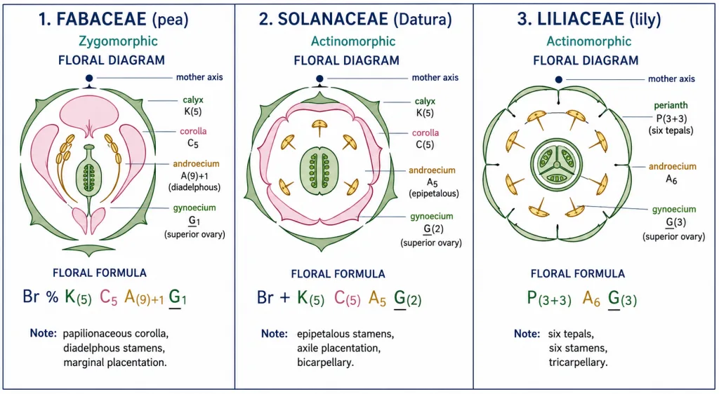 Floral diagrams and formulae of Fabaceae, Solanaceae and Liliaceae