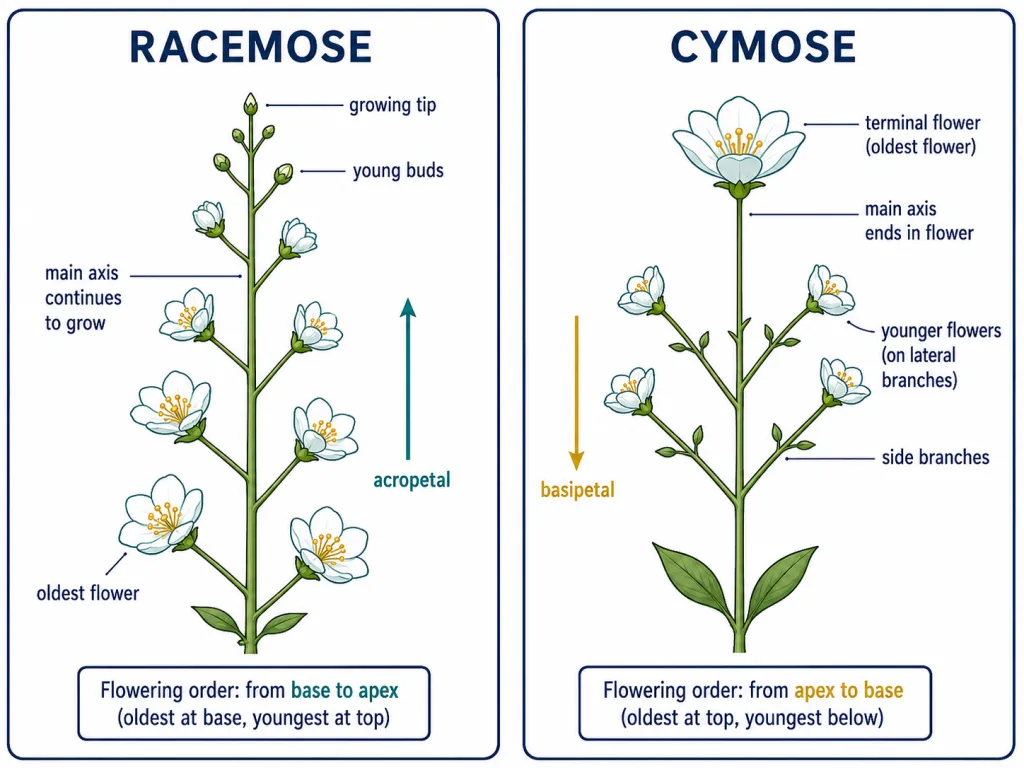 Racemose versus cymose inflorescence arrangement