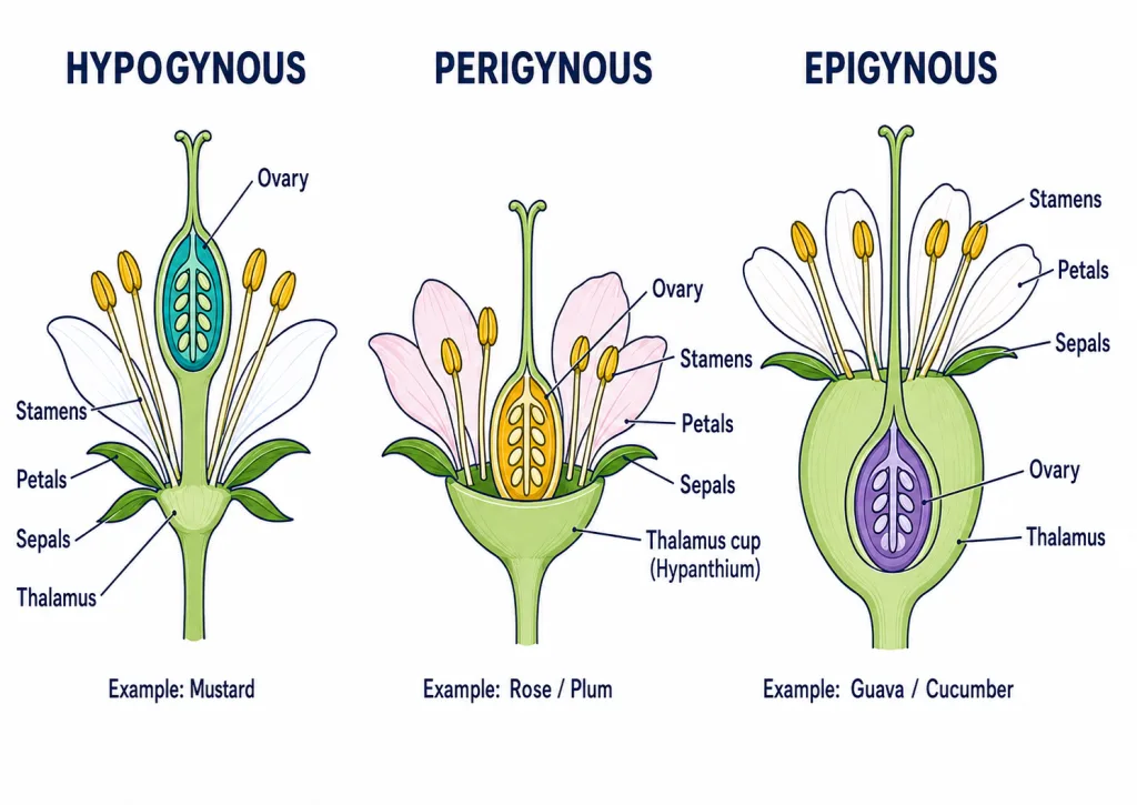 Hypogynous, perigynous and epigynous flowers compared in section