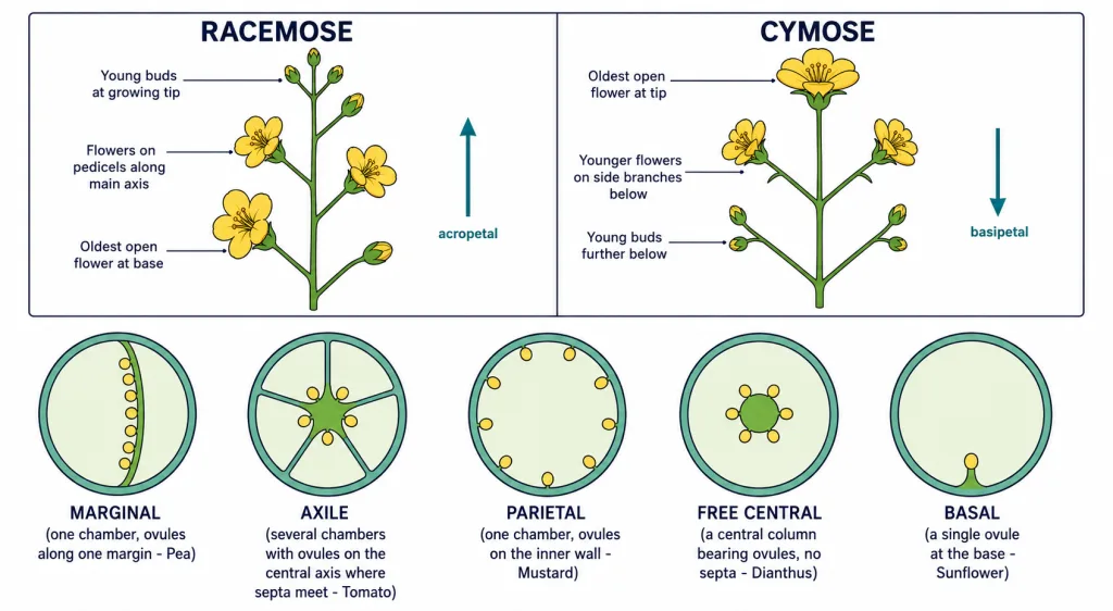 Five types of placentation shown in ovary cross-sections