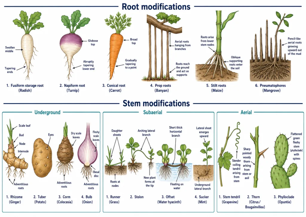 Root and stem modifications: storage, prop, stilt, pneumatophore, rhizome, tuber, corm, bulb