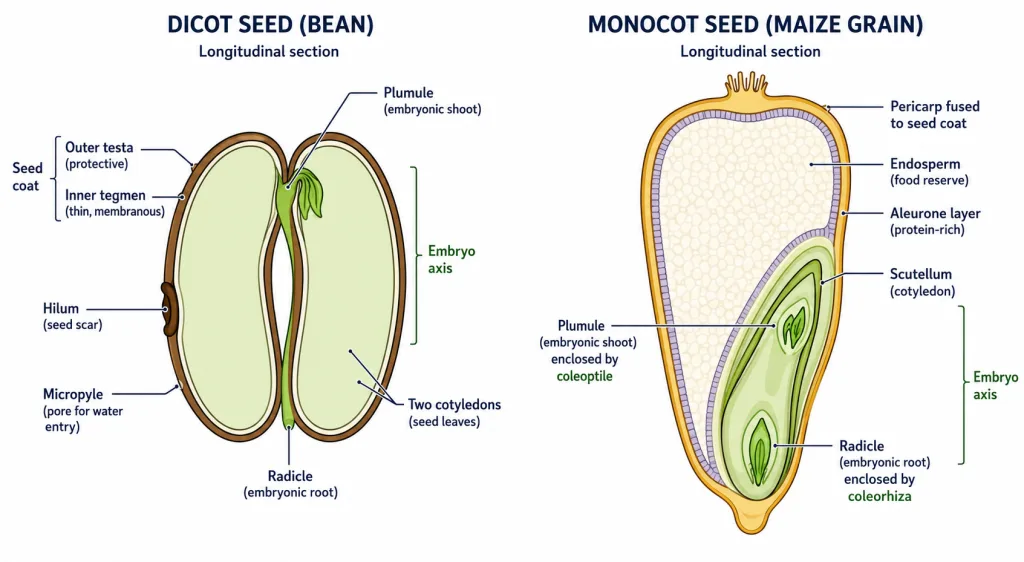 Structure of a dicot bean seed and a monocot maize seed