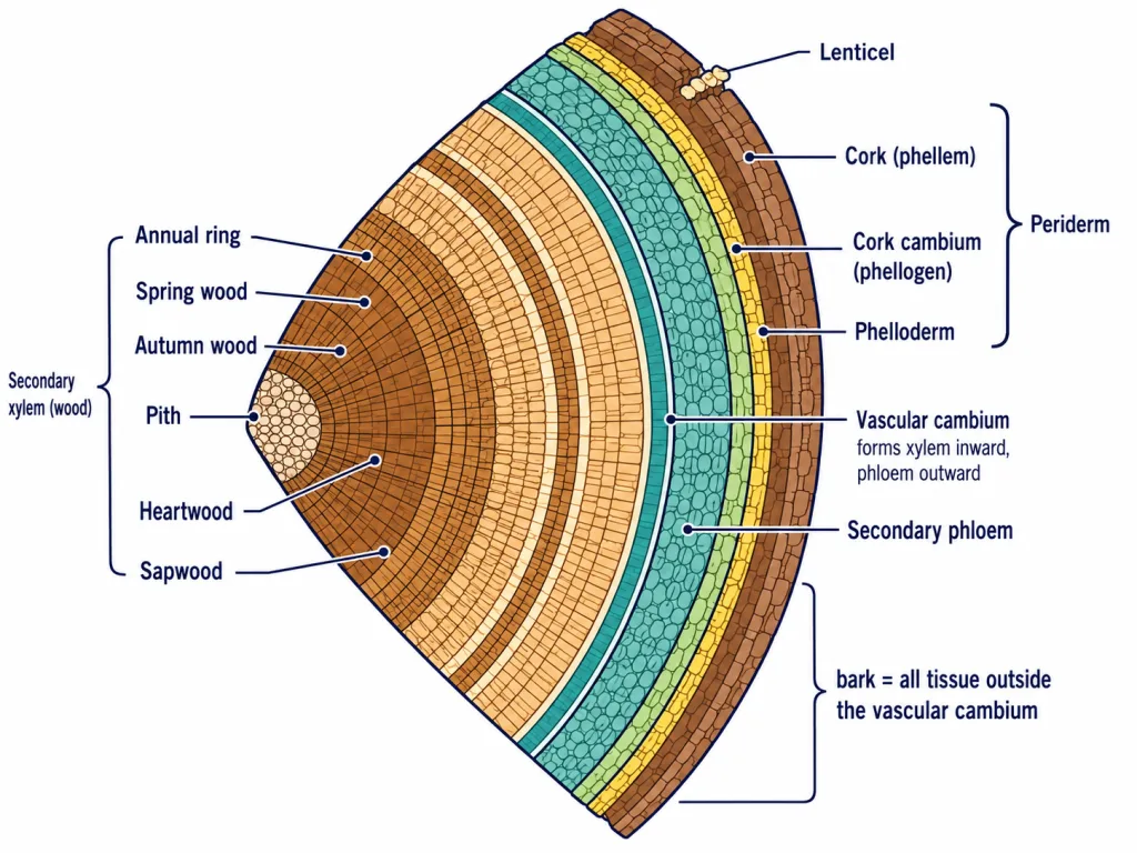 Secondary growth: cambial ring forming secondary xylem and phloem, periderm, annual rings