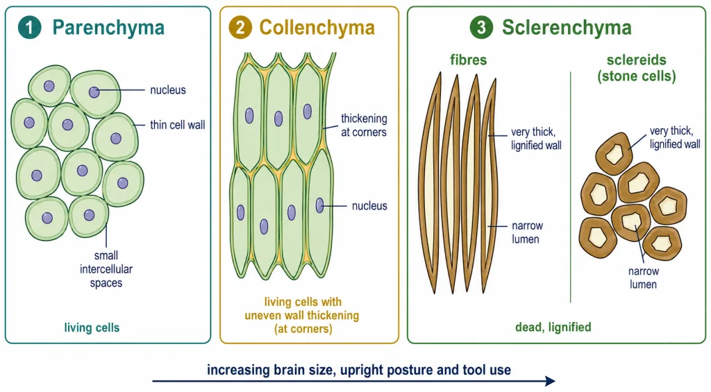 Parenchyma, collenchyma and sclerenchyma cells compared in section