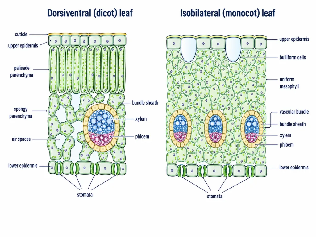 Dorsiventral dicot leaf and isobilateral monocot leaf in transverse section