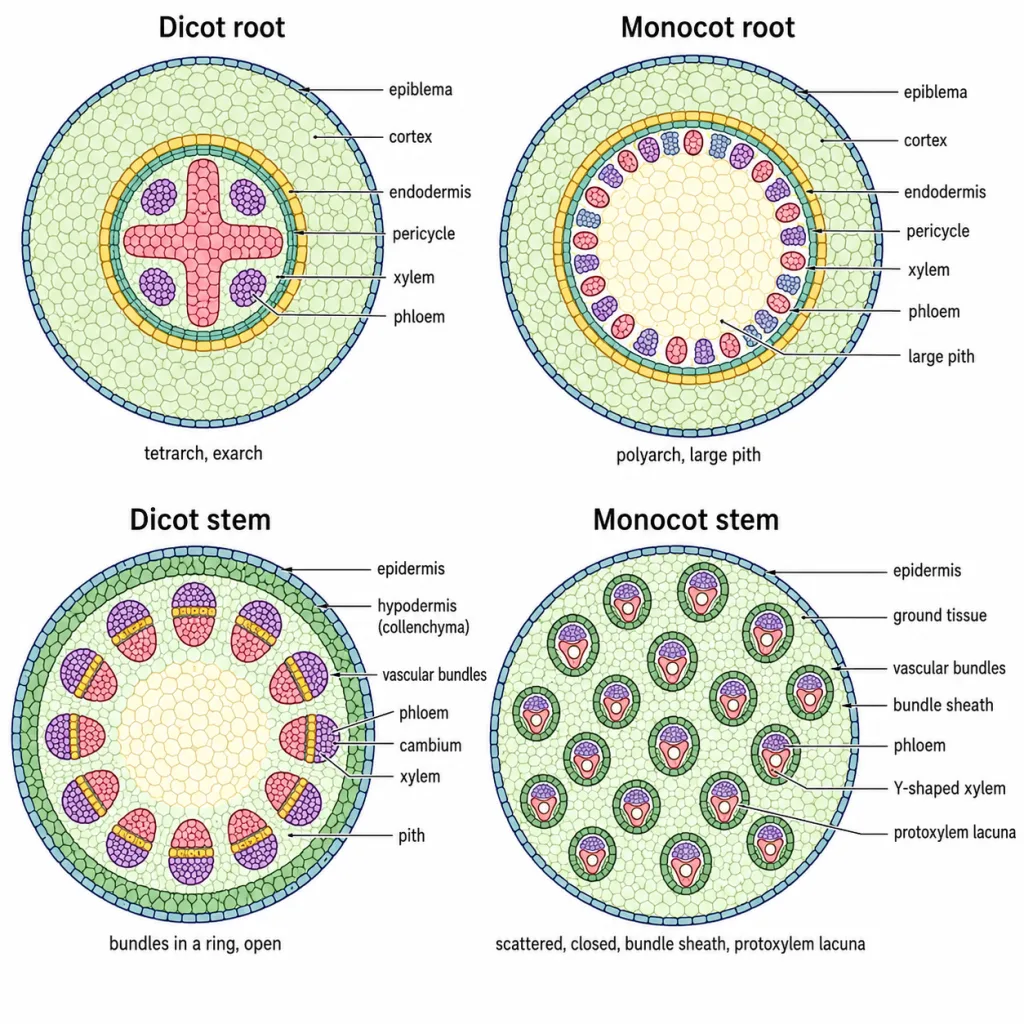 Transverse sections of dicot and monocot root and stem compared