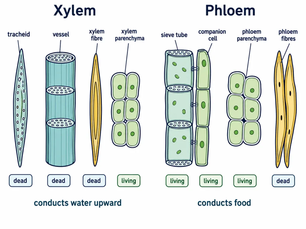 Xylem elements (tracheid, vessel, fibre, parenchyma) and phloem elements labelled