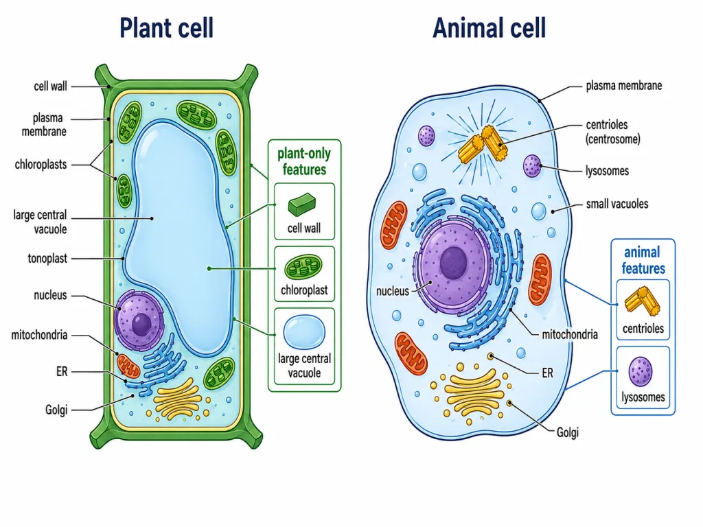 Plant cell and animal cell organelles compared side by side