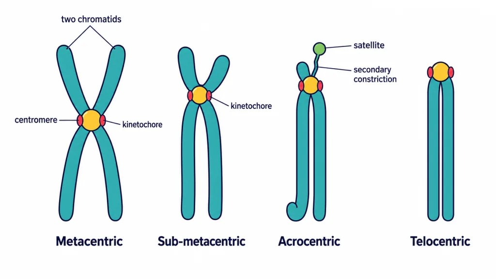 Metacentric, sub-metacentric, acrocentric and telocentric chromosomes compared