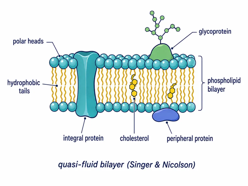 Phospholipid bilayer with integral and peripheral proteins and cholesterol