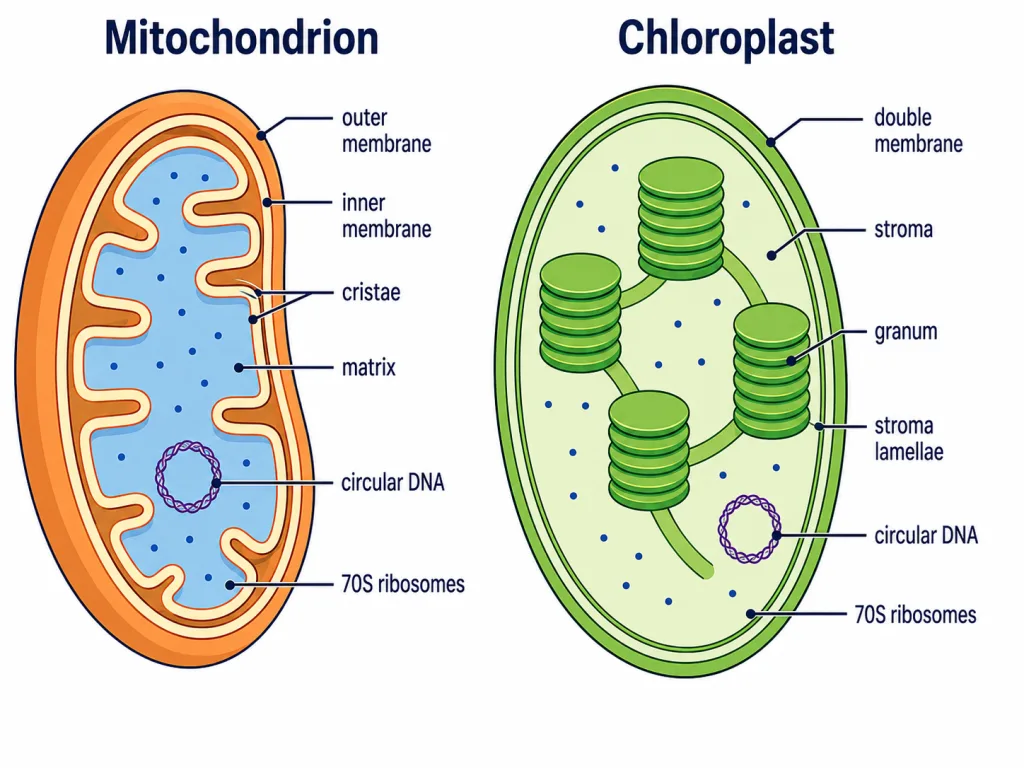 Mitochondrion with cristae and matrix; chloroplast with grana, thylakoids and stroma