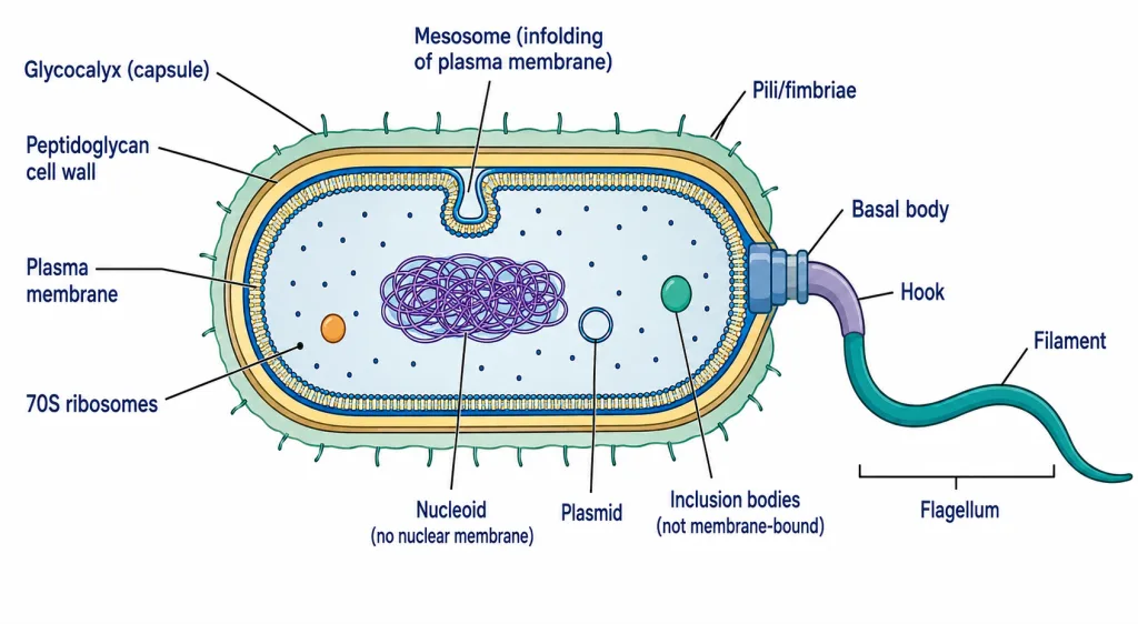 A labelled bacterial cell with envelope, nucleoid, mesosome, ribosomes and flagellum