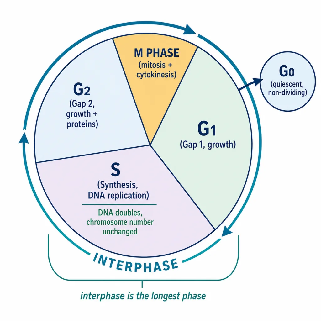 The cell cycle showing G1, S, G2 interphase and M phase, with G0