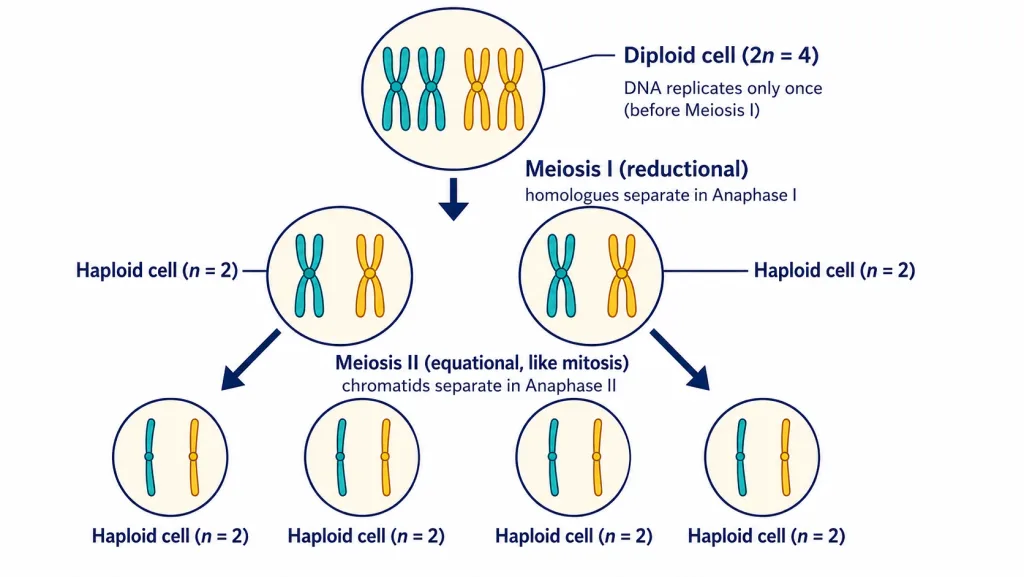 Meiosis I halving chromosome number and Meiosis II forming four haploid cells