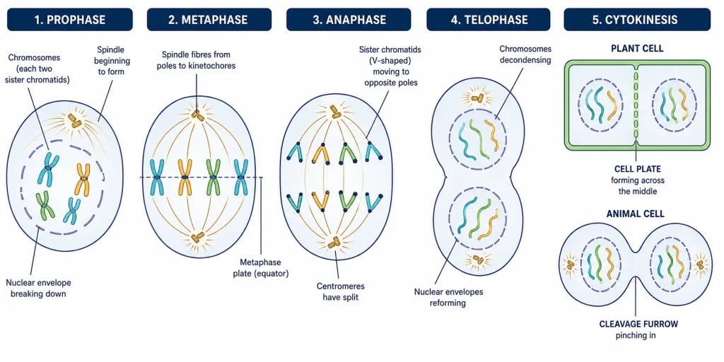 Prophase, metaphase, anaphase and telophase of mitosis with cytokinesis