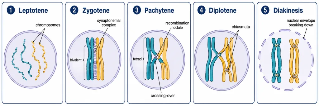 Leptotene, zygotene, pachytene, diplotene and diakinesis of prophase I