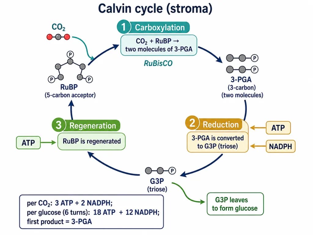 Calvin cycle: carboxylation of RuBP by RuBisCO, reduction to G3P, regeneration of RuBP