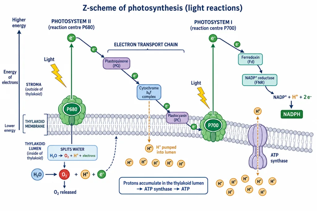 Z-scheme: PS II splits water, electrons flow to PS I, forming ATP and NADPH