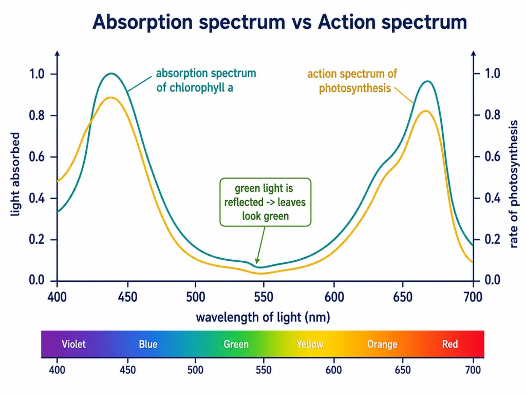 Absorption and action spectra both peaking in blue and red light