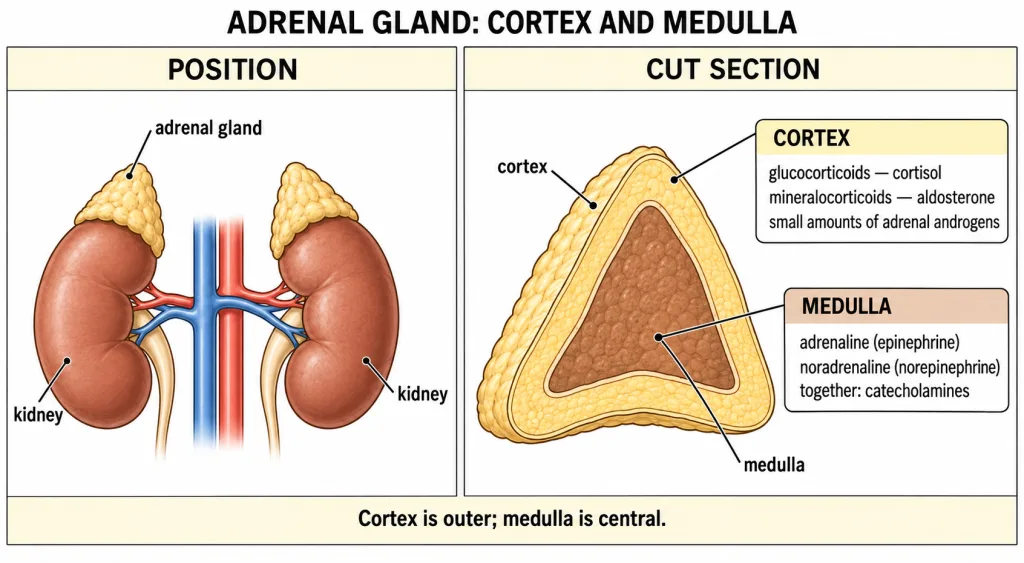 Adrenal gland on the kidney, cut to show cortex and medulla