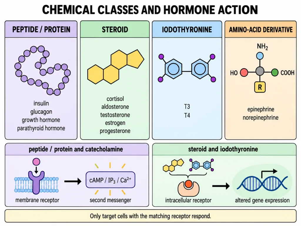 The four chemical classes of hormones and where their receptors are located