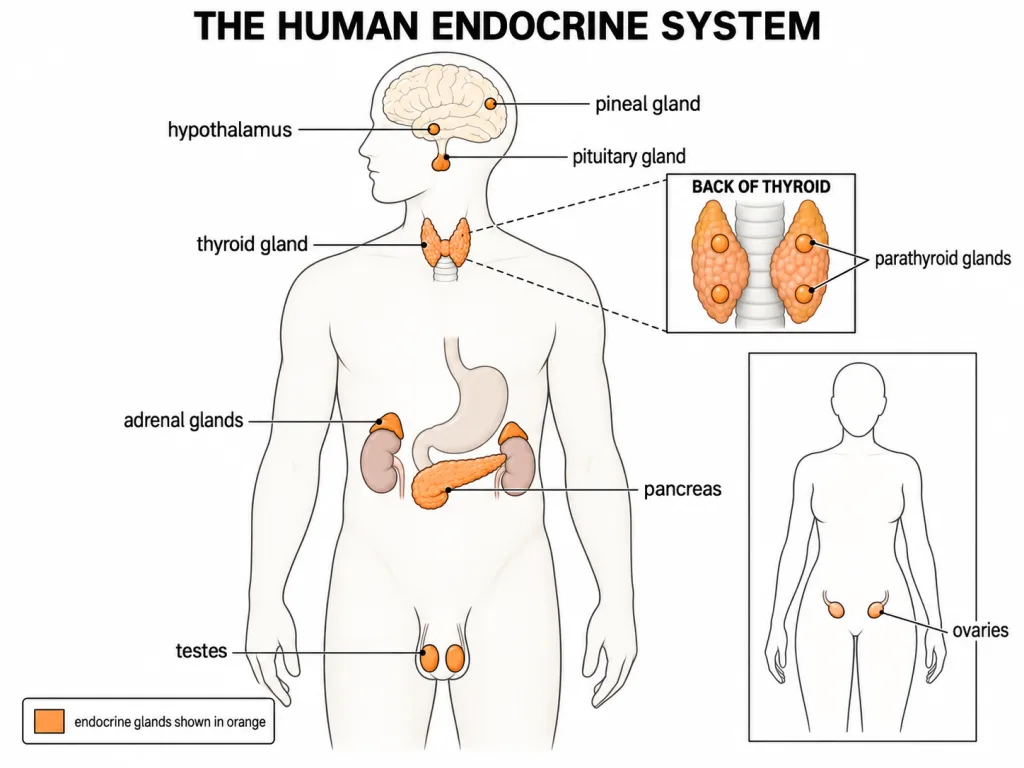 Positions of the endocrine glands named in the NEET syllabus