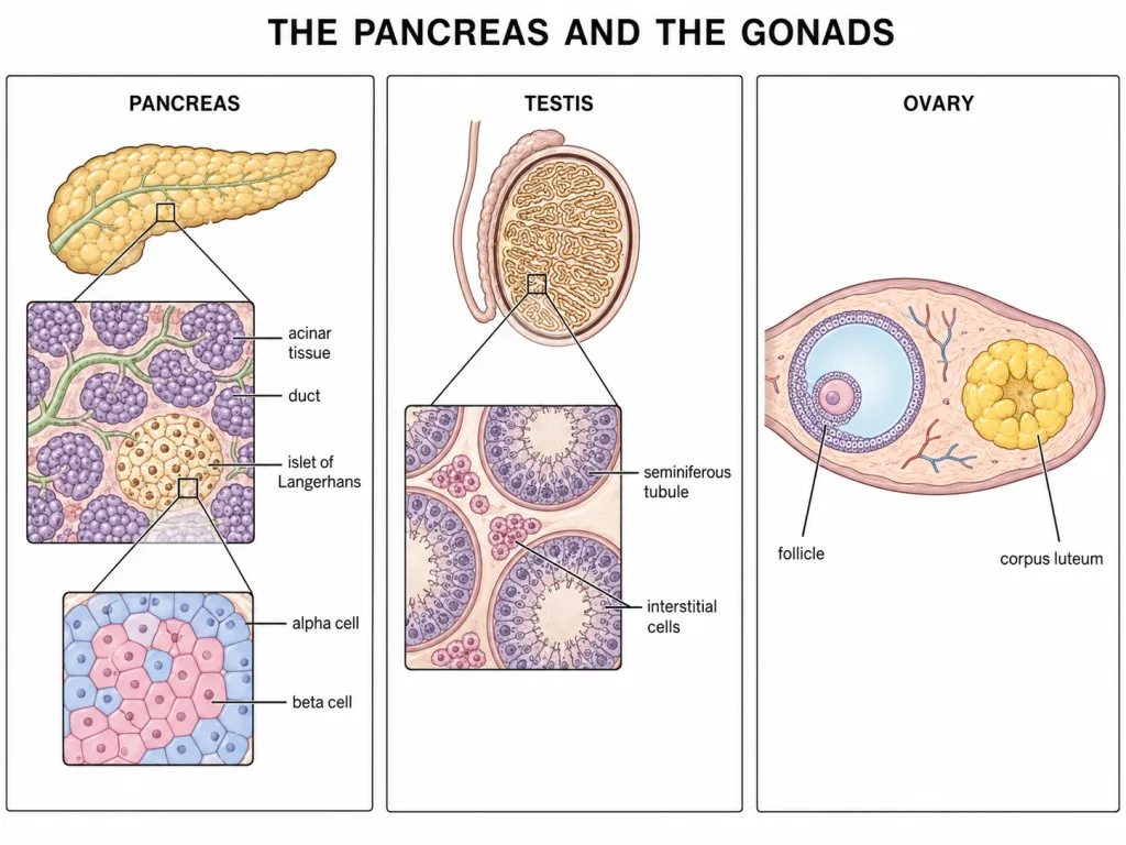 Pancreas islet, testis tubule and ovary structures drawn side by side
