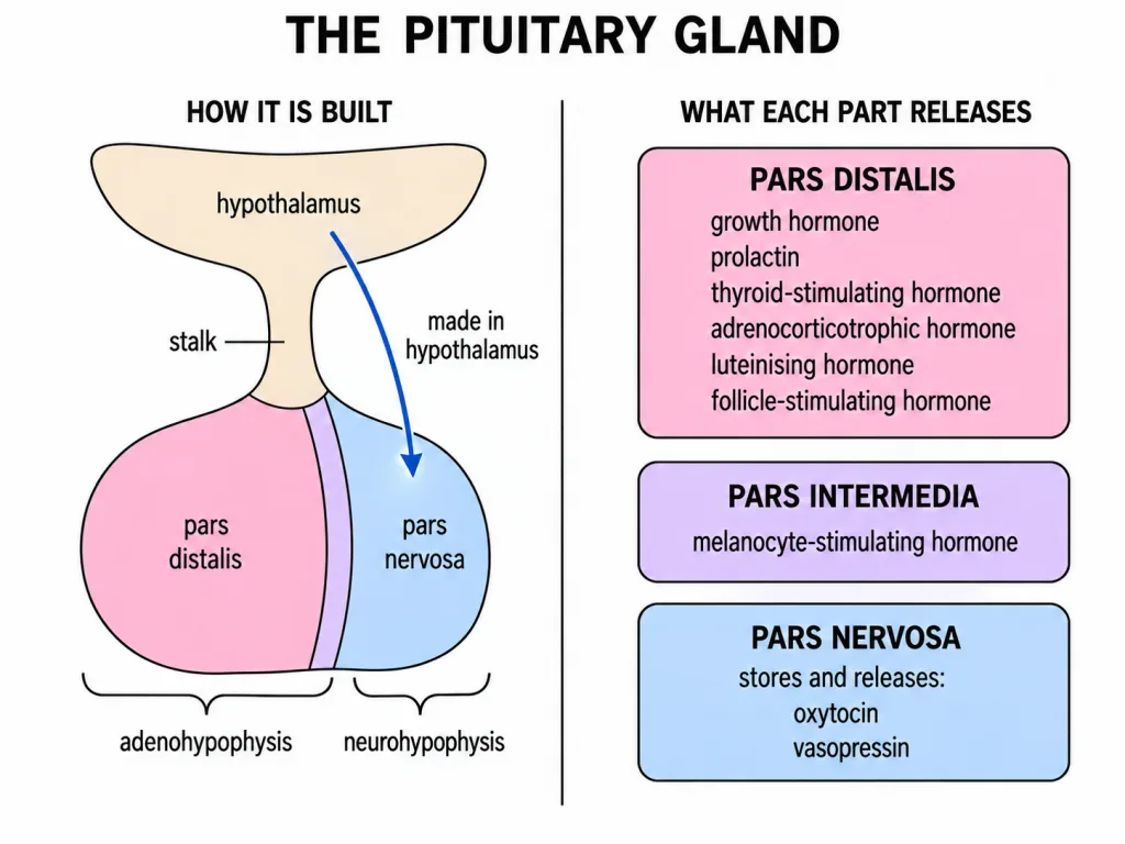 Pituitary parts and their hormone roster