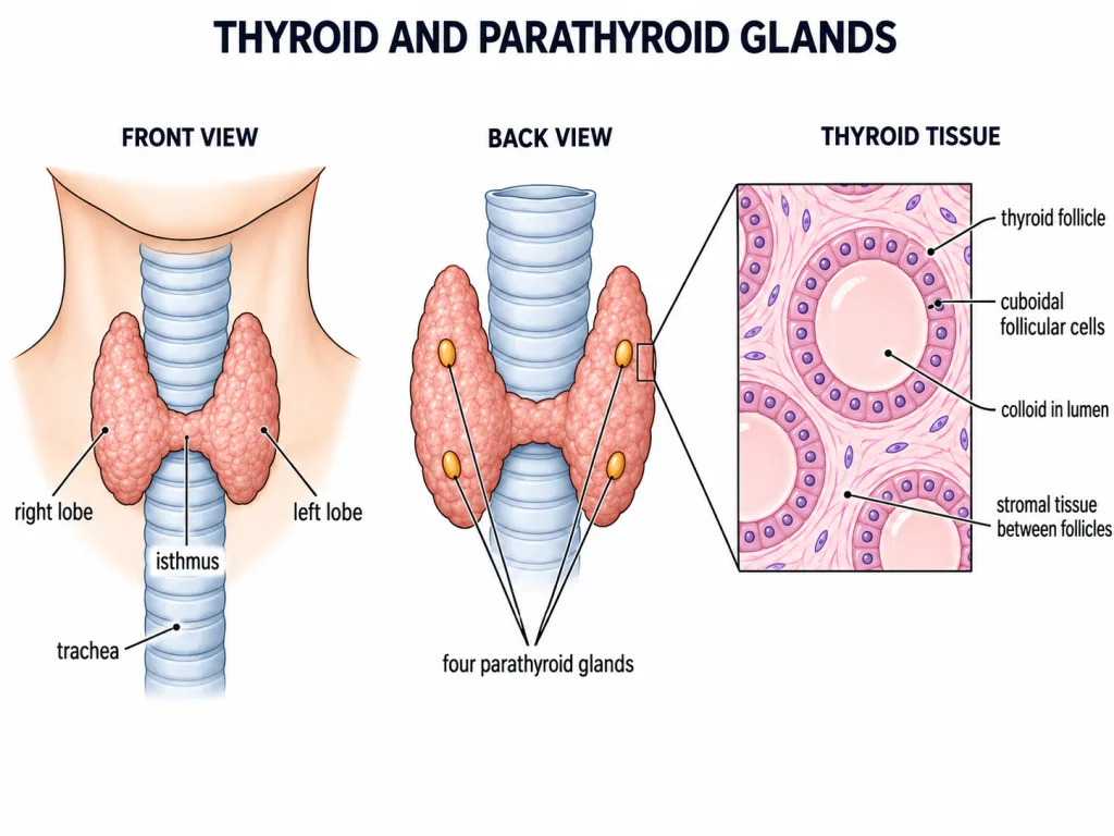 Thyroid lobes across the windpipe with parathyroid glands and follicle close up