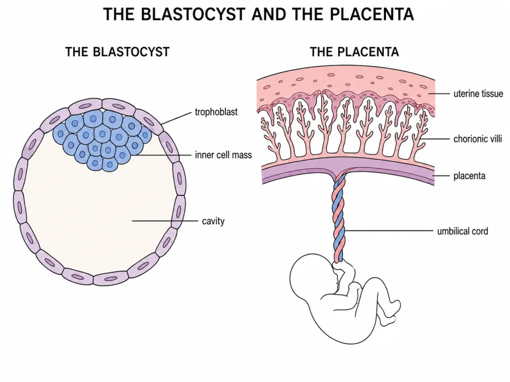 A blastocyst in section beside the placenta and its finger like villi