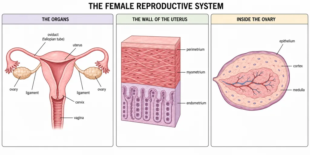 Female reproductive organs, the three uterine wall layers, and ovary in section