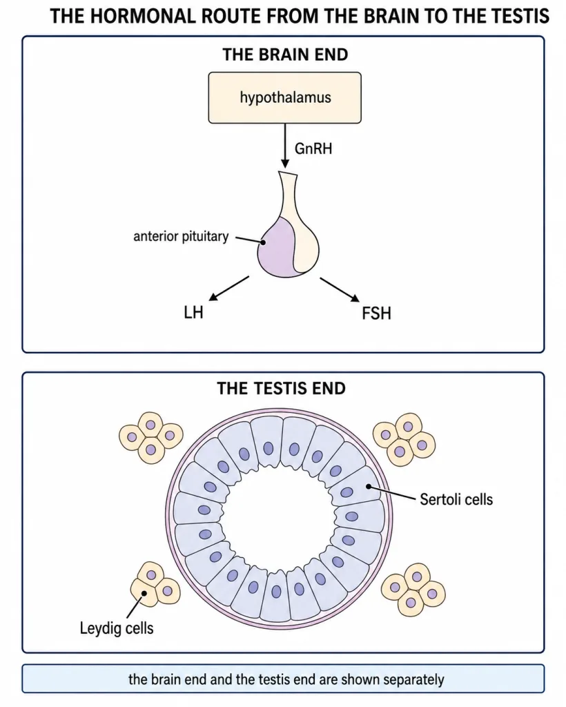 Hypothalamus and pituitary above, testis cell populations below, drawn separately