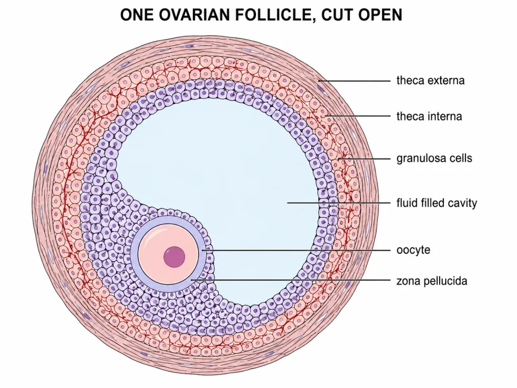 A single ovarian follicle in section showing its layers and fluid cavity