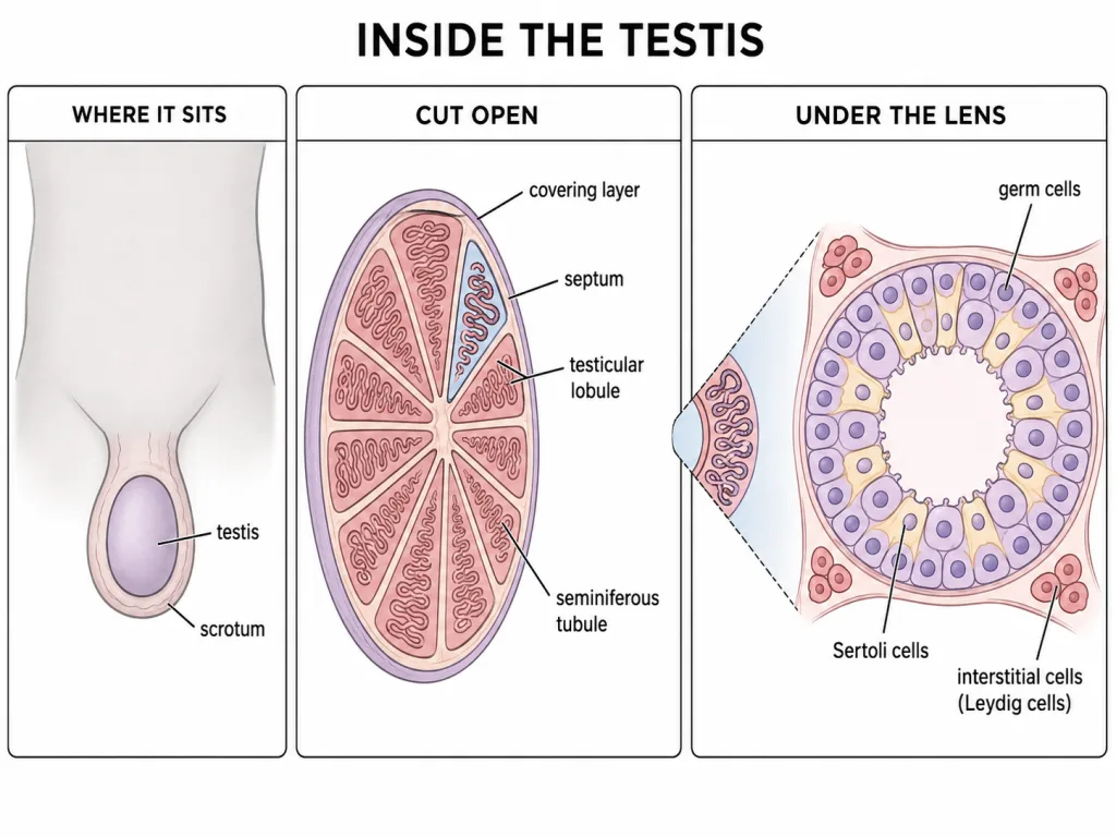 Testis in the scrotum cut open, with a seminiferous tubule close up