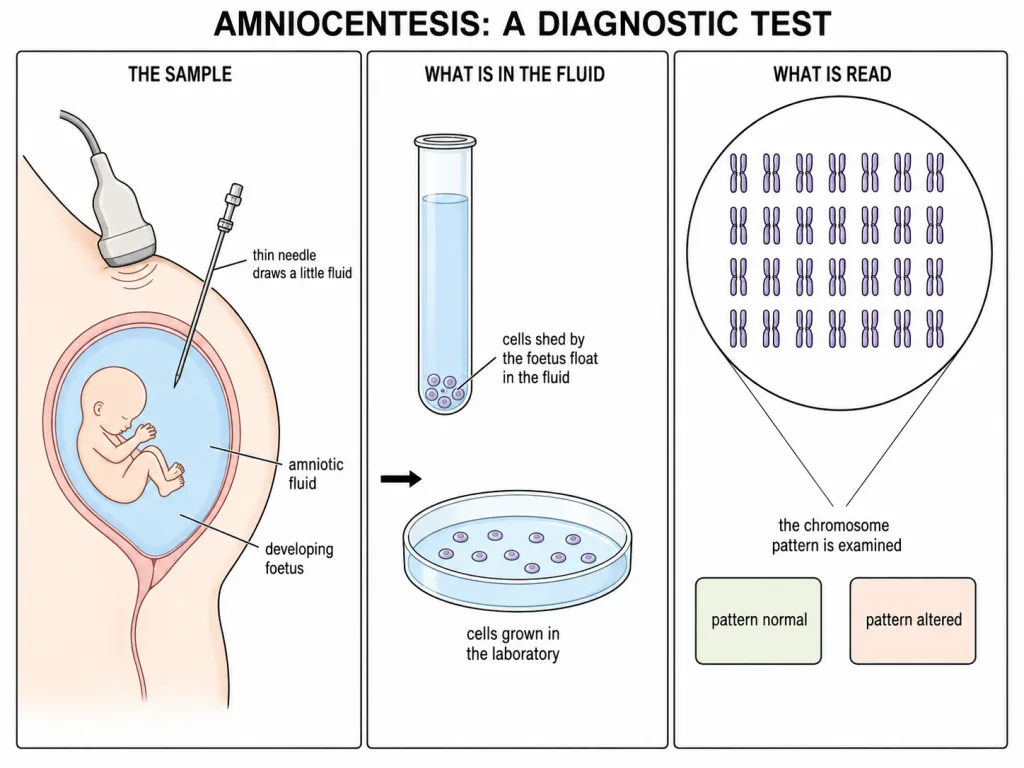 A fluid sample is drawn from the womb and its cells examined