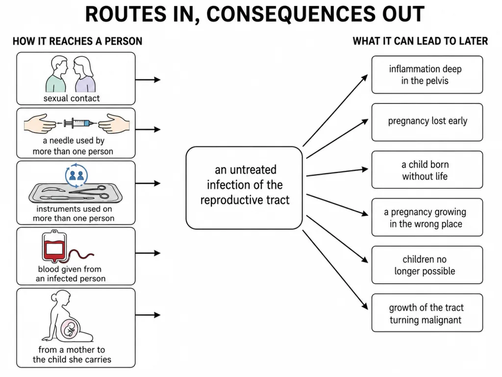 Routes of spread on one side and later complications on the other