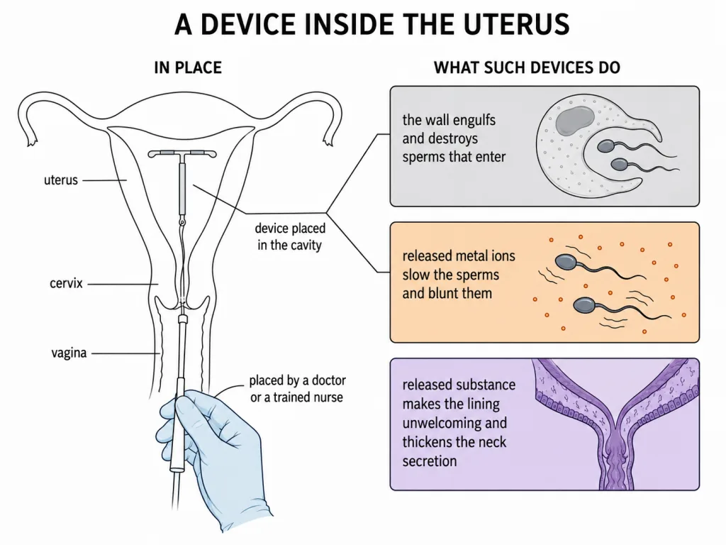 A small device sitting inside the uterus, with three call-outs for its effects