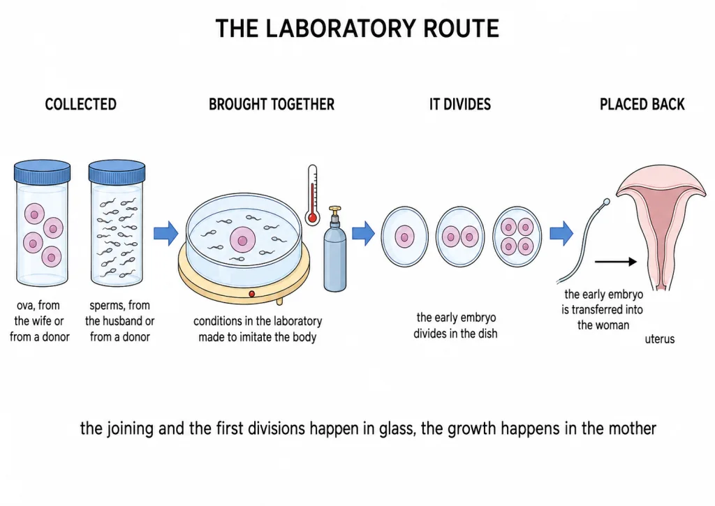 Gametes collected, joined in a dish, and the early embryo placed back