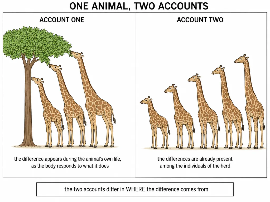 The same long-necked browser drawn under two rival explanations