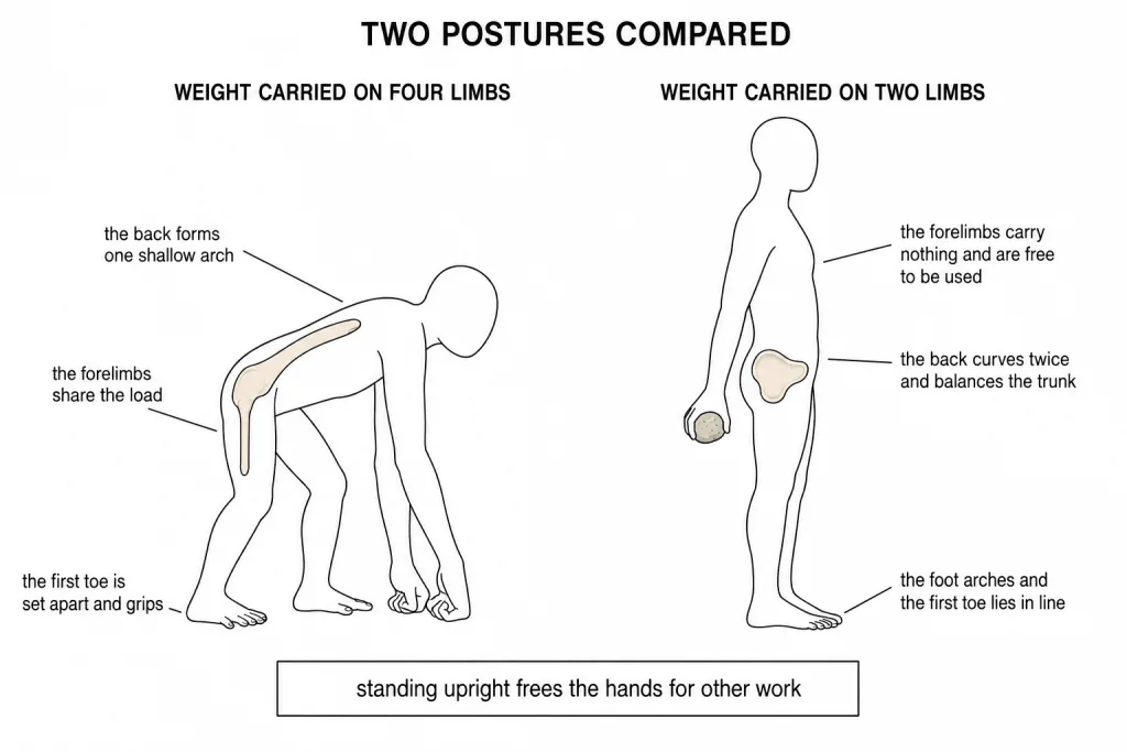 A four-limbed ape posture set beside an upright two-legged posture