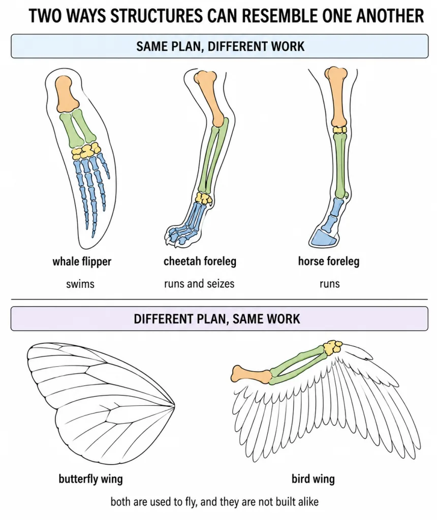 Three mammal forelimbs compared above, two unlike wings compared below